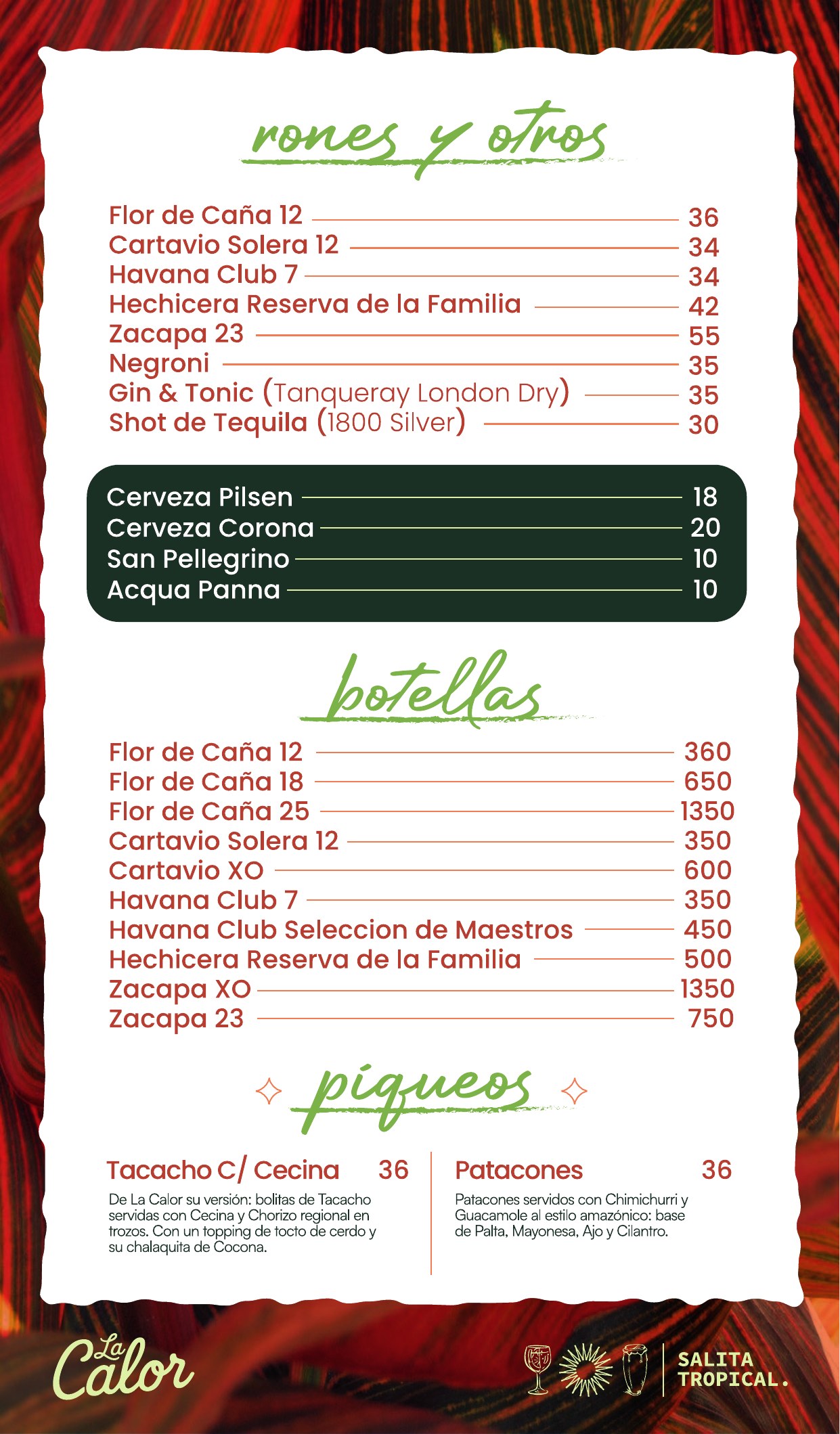Carta La Calor · Rones, Botellas, Cervezas y Piqueos